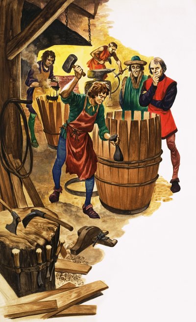 En lærling hos en bødker blir overvåket av en laugsfunksjonær mens han jobber på ringene til en tønne av Peter Jackson