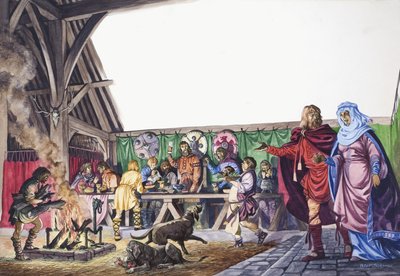 Den angelsaksiske Thane leder sin kone inn i den store salen av Peter Jackson