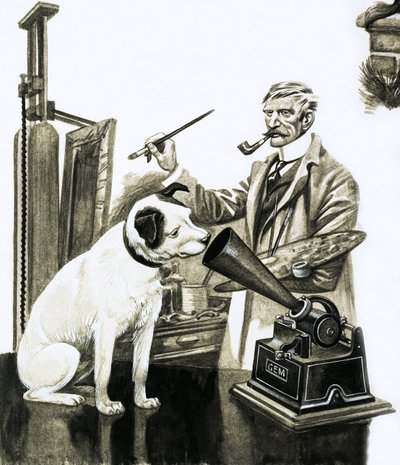 Kunstner som maler hunden som lytter på en grammofon av Peter Jackson