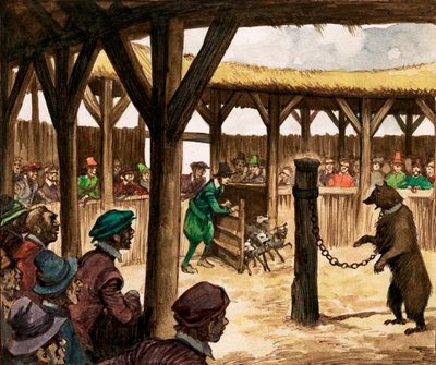 Ved bjørnegraven jublet folkemengdene da hundene ble sluppet inn for å angripe lenkede bjørner (gouache på papir) av Peter Jackson