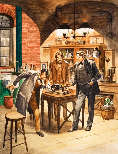 Edison demonstrerer den første fonografen i laboratoriet hans av Peter Jackson