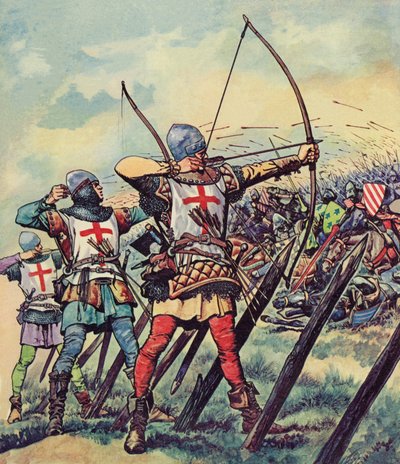 Engelske bueskytter i slaget ved Crecy (farge litho) av Peter Jackson