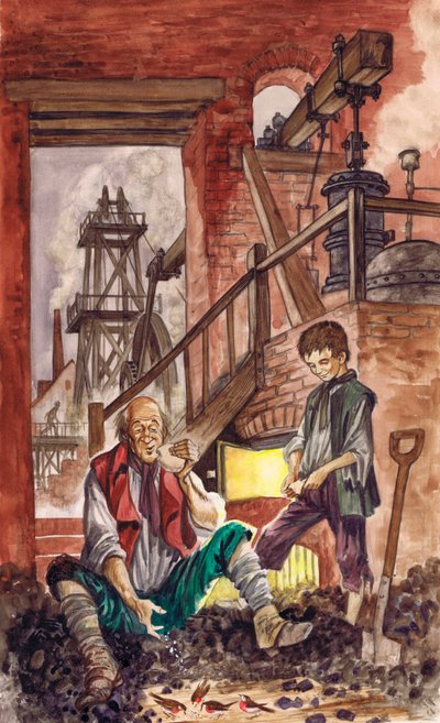 George Stephenson ser på at faren mater smuler til robinene han hadde temmet (gouache på papir) av Peter Jackson