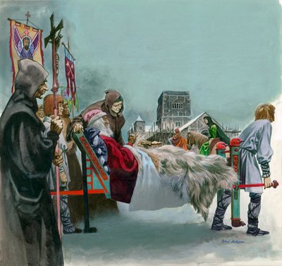 Kong Edward, senere Saint Edward the Confessor, ser på byggingen av Westminster fra et kull der han ligger syk av Peter Jackson
