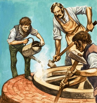 Once Upon a Time... landsbyliv for hundre år siden. Wheelwrights setter jernfelgen på et hjul av Peter Jackson