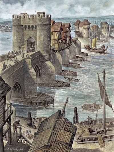 Rekonstruksjon som viser Old London Bridge noen år etter at den ble bygget, med utsikt mot nordvest av Peter Jackson