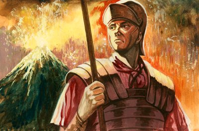 Romersk soldat med Vesuv i utbrudd bak av Peter Jackson