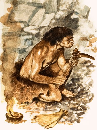Steinalderverktøymaker (gouache på papir) av Peter Jackson