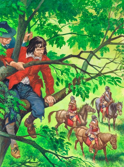 Den fremtidige kong Charles II gjemmer seg i Boscobel-eiken (gouache på papir) av Peter Jackson