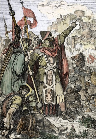 Barbarians invasjon: "" Hunnes konge Attila (406-453) pågrepet for å beleire byen Aquilee i Italia ser sammen med sine soldater av Peter Johann Nepomuck Geiger
