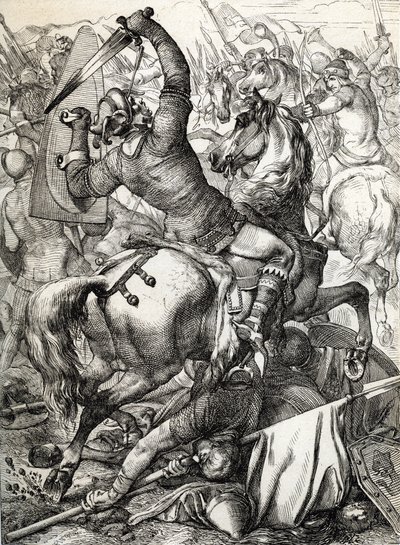 Slaget ved Hastings utkjempet 14. oktober 1066 mellom den normannisk-franske hæren til hertug William II av Normandie og en engelsk hær under den angelsaksiske kong Harold II, under den normanniske erobringen av England Drawing a la pen Historically tires  av Peter Johann Nepomuck Geiger