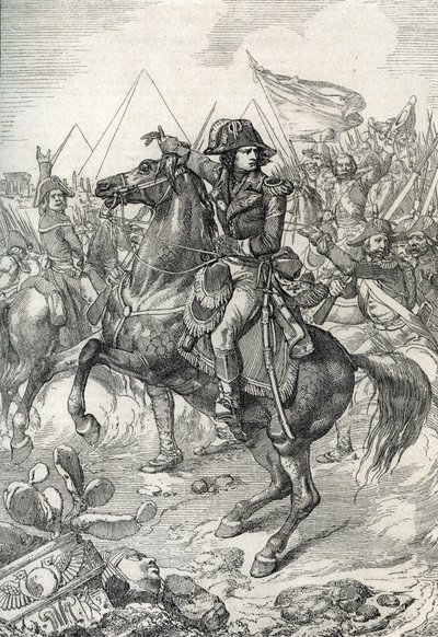 Kampanje (ekspedisjon) av Egypt (1798-1801): General Napoleon Bonaparte (1765-1821) før pyramidene av Peter Johann Nepomuck Geiger