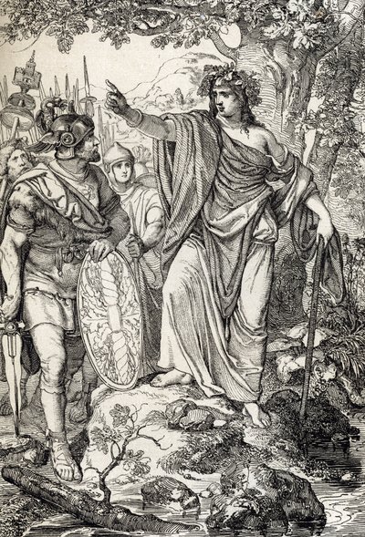 Kampanjer av Germanicus: "" Nero Claudius Drusus Germanicus (38-9 f.Kr.) og hans hær møter en ung kvinne i regionene mellom elvene Weser og Elbe, rundt 12 f.Kr." (Erobringen av Germania: romangeneral Nero Claudius Drusus Germanicus og hans h av Peter Johann Nepomuck Geiger