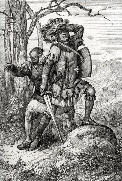 Hertug Leopold I av Østerrike, Herre av Habsburg redder av en av sine ledsagere i slaget ved Morgarten 15. november 1315 mot de sveitsiske konføderasjonene, Sveits (slaget ved Morgarten 15. november 1315, Leopold I, hertug av Østerrike reddet av en soldat av Peter Johann Nepomuck Geiger