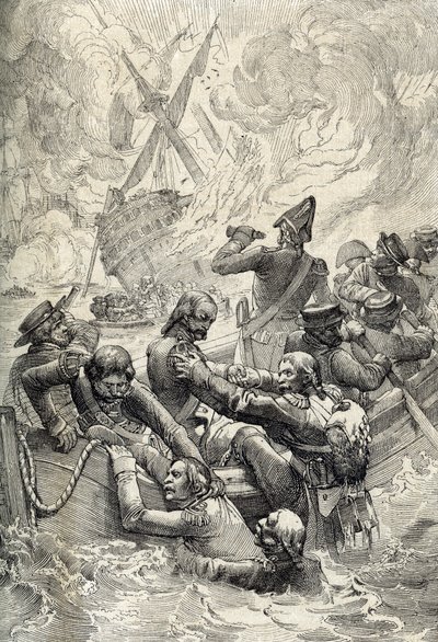 Egypt's Expedition: The Destruction of the Orient at the Battle of the Nile (Battle of Aboukir) i august 1798 (Slaget ved aboukir bay: the Destruction of L'Orient at the Battle of the Nile, august 1798) Fjærtegning fra "Historische Memorabilia av Peter Johann Nepomuck Geiger