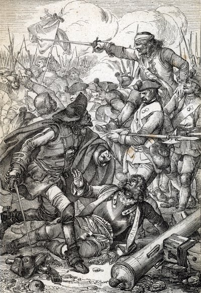 Great Northern War: "" Slaget ved Poltava (eller Pultawa) mellom Armee av Peter I av Russland og troppene til Karl XII av Sverige, 8/07/1709"" (Great Northern War: Battle of Poltava, 8. juli 1709 ) Fjærtegning fra “” Historische Memorab av Peter Johann Nepomuck Geiger