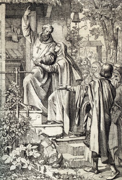 Heloise d'Argenteuil (1094-1164) mottatt av teologen og filosofen Abelard (Pierre Abailard eller Pierre Abeilard) (1079-1142) ved l'abbey du Paraclet (den franske middelalderens skolastiske filosofen, teologen Peter Abelard mottar sin kone (Abaelar av Peter Johann Nepomuck Geiger