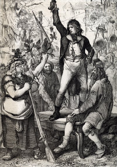 Utbruddet av den franske revolusjonen i 1789: den forsamlede befolkningen blir oppfordret til å velge fargen på en kokarde og å ta til våpen historisk) av Anton Ziegler av Peter Johann Nepomuck Geiger
