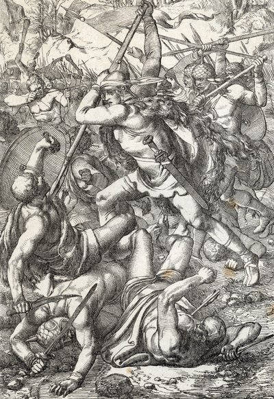 Representasjon av erobreren Pelage (Pelagius eller Pelayo) (død 737) konge av Asturias triumferende mot saracenerne, 719 Covadonga, Spania av Peter Johann Nepomuck Geiger