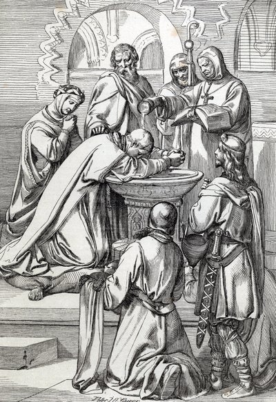 Representasjon av Saint Augustine av Canterbury (død 604), sendt til England av pave Gregoire den store i 596 for å omvende angelsakserne - Han er her før Ethelbert, angelsaksisk konge av Kent (552? -616) som han døpte i 597 (Augustine, første biskop o av Peter Johann Nepomuck Geiger