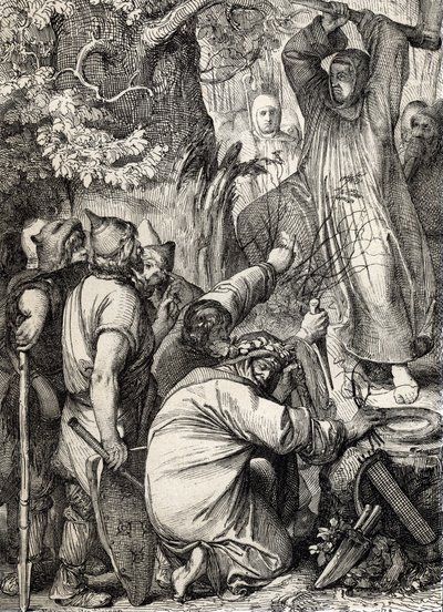 Representasjon av Saint Boniface of Mainz (680-754) som hogger ned Thors eik for å overbevise druidene om at det ikke er et hellig tre (Saint Boniface (Bonifacius) som ødelegger Thors eik (Donar eller Joves eik) hellige tre til de germanske hedningene, å k av Peter Johann Nepomuck Geiger