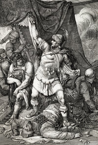 Roman Antiquite: "" Erobringen av Jerusalem""" skildring av beleiringen av Jerusalem av romerne i 70 e.Kr., byen er plyndret av troppene til keiser Titus og det andre tempelet til Jerusalem detruit""" (Ødeleggelse av av Peter Johann Nepomuck Geiger