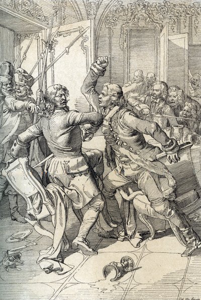 Streltsy-opprør: arrestasjon av medlemmer av streltsy-regimenter (strelets) etter at de ble løftet i 1698 mot progressive innovasjoner av tsaren Peter den store, Russland (Streltsy-opprøret: mistenkte medlemmer av Moskva Streltsy-regimenter arrestert etter av Peter Johann Nepomuck Geiger