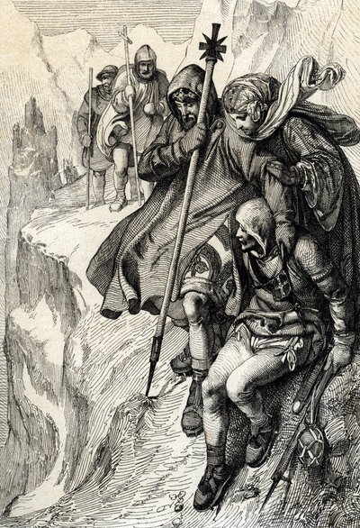 Romernes konge Henrik IV passerer passet av Mount Cenis for å krysse Alpene og dra til grevinnen Mathilde av Toscana til Canossa hvor pave Gregoire VII, januar 1077» (Henry IV krysset Alpene ved Mont Cenis-passet for å nå slottet Canossa og av Peter Johann Nepomuck Geiger