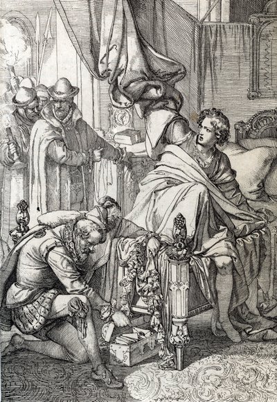 Arrestasjonen av Karl av Østerrike (1545-1568) (Don Carlos) sønn av Filip II av Spania i 1568 av mennene til hans far (Carlos, prins av Asturias eldste sønn og arving etter kong Filip II av Spania fengslet av hans far tidlig i 1568) Tegning av penn d av Peter Johann Nepomuck Geiger