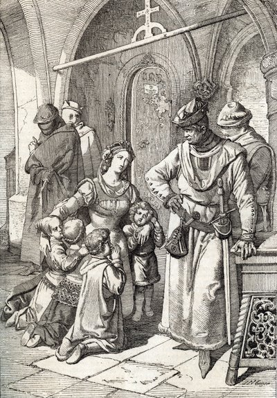 Mordet på den adelige damen Ines de Castro (1320-1355), andre kone til Peter I (Pedro I) av Portugal i klosteret Santa Clara de Coimbra, Portugal 1355 (Kone til kong Peter I av Portugal Ines Castros drap i klosteret av Santa Clara i Co av Peter Johann Nepomuck Geiger
