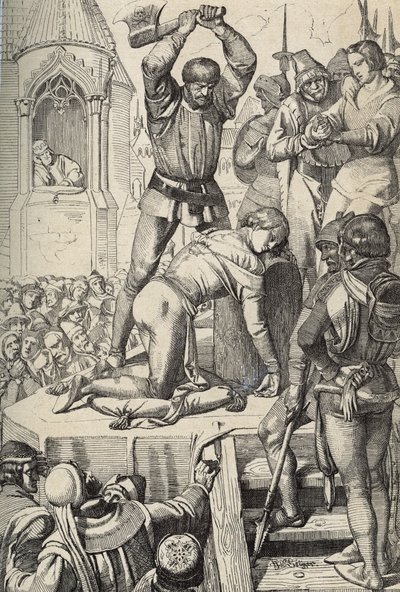 Henrettelsen av Conradin (eller Conrad av Hohenstaufen) konge av Sicilia og hertug av Schwaben (1252-1268) etter ordre fra Charles av Anjou etter slaget ved Tagliacozzo i 1268 (henrettelse av Conradin (eller Conrad den yngre), siste Staufer-konge av Sicili av Peter Johann Nepomuck Geiger