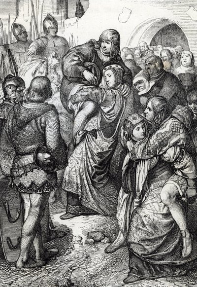 De trofaste kvinnene i Weinsberg (Treue Weiber von Weinsberg): konene til soldatene beseiret ved Weinsberg-beleiringen av Conrad III av Hohenstaufen i 1140 bærer ektemennene sine på ryggen, Tyskland (De lojale konene under beleiringen av Weinsberg av Peter Johann Nepomuck Geiger