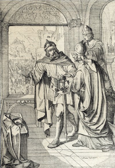 De første medlemmene av Habsburg-dynastiet Radbot og Eveque Werner på tidspunktet for byggingen av Habsburg-huset i Aargau, Sveits av Peter Johann Nepomuck Geiger