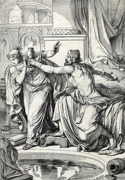 Den gepide prinsessen Rosemonde (død 572) og kjæresten morderen av ektemannen kong Alboin forgiftet seg selv med den samme koppen gift, 572 (Gepid prinsesse Rosamund (eller Rosamunde) og kjæresten hennes dreper seg selv med den samme koppen gift, 572) Tegn av Peter Johann Nepomuck Geiger