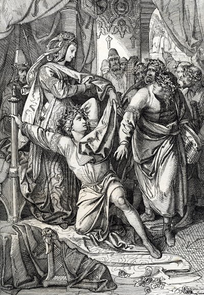 Den poetiske konkurransen til slottet Wartburg i Tyskland i 1207: Minnesangerne konkurrerer i poetiske spill, trubaduren Henri d'Ofterdingen beskyttet av grevinnen (Heinrich von Ofterdingen, Minnesinger som deltok i Sangerkrieg (Minstrels' c) av Peter Johann Nepomuck Geiger