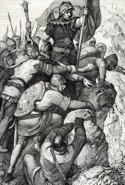Troppene til Othon I av Baviere (1117-1183) nær Verona i Italia 1155 (Otto I, hertugen av Bayern og hans hær nær Verona, Italia 1155) Fjærtegning fra "Historische Memorabilian des In-und Auslandes"" (Historiske suvenirer) av Anton Ziegler av Peter Johann Nepomuck Geiger