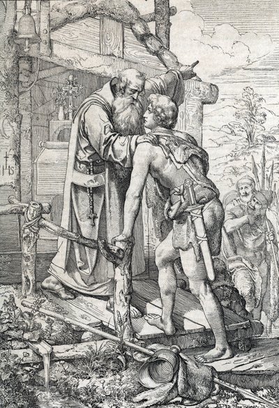 Den unge Odoacre (ca. 433-493) mottar velsignelsen av Severin, Apotre de Norique, ca. 470 (Odoacer møter munken Severinus av Noricum som får vite at han en dag ville bli berømt, 470 ca.) Tegner en penn tegnet fra "" Historische Memorabilian des av Peter Johann Nepomuck Geiger