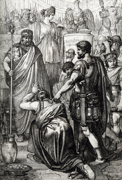 Vandalkrig: "" Overgivelsen av vandalenes konge Gelimer kneler foran den bysantinske general Belisaire (500-565) i mars 534, Kartago, Afrika" (Vandalerkrig: vandalskongen Gelimer overgir seg til general Belisarius, 534, Afrika) Tegning en pe av Peter Johann Nepomuck Geiger