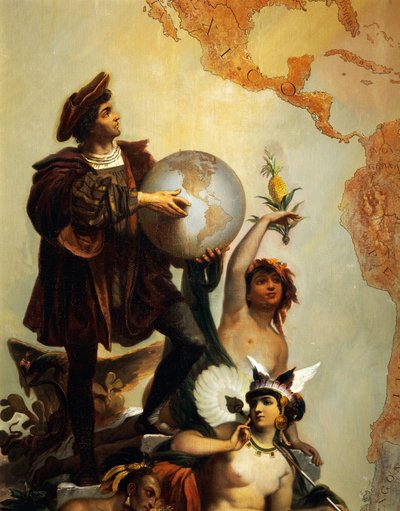 Christopher Columbus (1451-1506), detalj fra Allegori om Charles V av Habsburg (1500-1558) som verdens hersker, maleri av Peter Johann Nepomuk Geiger (1805-1880), Throne Room, Miramare castle, Trieste, Friuli-Venezia Giulia, Italia av Peter Johann Nepomuk Geiger