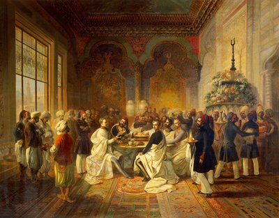 Lunsj gitt i Smyrna av Halim Pasha, illustrasjon fra Reisen til Maximilian av Habsburg og hans bror Charles Louis i Middelhavet, av Peter Johann Nepomuk Geiger av Peter Johann Nepomuk Geiger