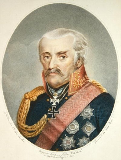 Feltmarskalk prins Von Blucher (1742-1819) (farget gravering) av Peter Joseph (after) Lutzenkirchen