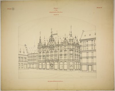 Rathskeller nybygg, Halle (Saale), Sachsen-Anhalt, Tyskland, Perspektiv (uferdig) av Peter Joseph Weber