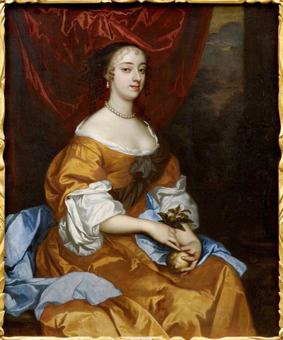 Barokk : Portrett av Margaret Hughes (Peg Hughes eller Margaret Hewes) (ca. 1630-1719) av Lely, Sir Peter (1618-1680). Olje på lerret av Peter Lely
