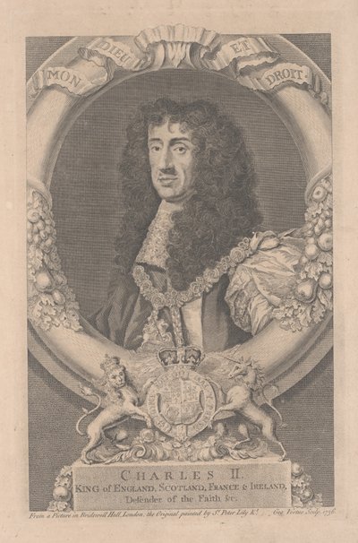 Charles II, konge av England, Skottland, Frankrike og Irland, gravert av George Vertue (1684-1756) av Peter Lely