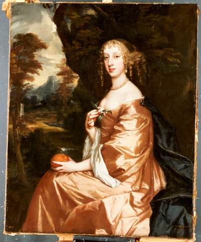 Portrett av Lady Penelope Nicholas, som holder en appelsin i et landskap av Peter Lely