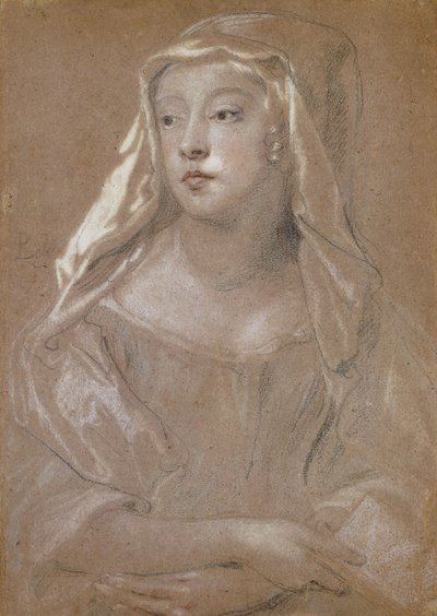 Portrait of a Young Lady, tradisjonelt identifisert som Sarah Jennings, hertuginne av Marlborough, halv lengde, Holder en bok, hendene i kors på fanget, hodekjolen drapert på skuldrene, 1667 av Peter Lely