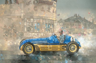 Blå og gul Maserati av Bira (olje på lerret) av Peter Miller