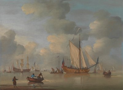 En engelsk kongelig yacht stående offshore i en rolig av Peter Monamy