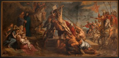 Oppføring av Kristi kors L'érection de Jésus en croix). Philibert Delmotte. 18. århundre. Skjold nederst til venstre MAGNIFICÈ. Skjold nederst til høyre M. HANNEKAERT. Barokk. av Peter Paul (after) Rubens