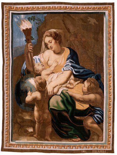 flamsk billedvev. Serien Nattverdens triumf. Allegory of Charity som opplyser verden (Alegoría de la Caridad iluminando al mundoà. Tjuende billedvev i serien. Modell Peter Paul Rubens. 1626-1628. Produksjon Jan II Raes, Brussel av Peter Paul (after) Rubens